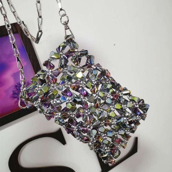 

new 2020 web celebrity with heavy industry chain crystal glass hollow out vertical crossbody bag women simple mobile phone bag