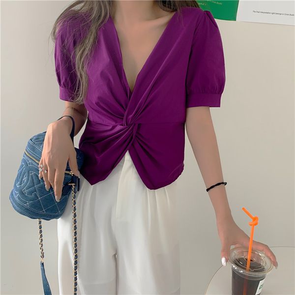 

short sleeve vintage purple v-neck twist ruched elegant crop women solid blouse korean summer shirt fashion blusas tee, White