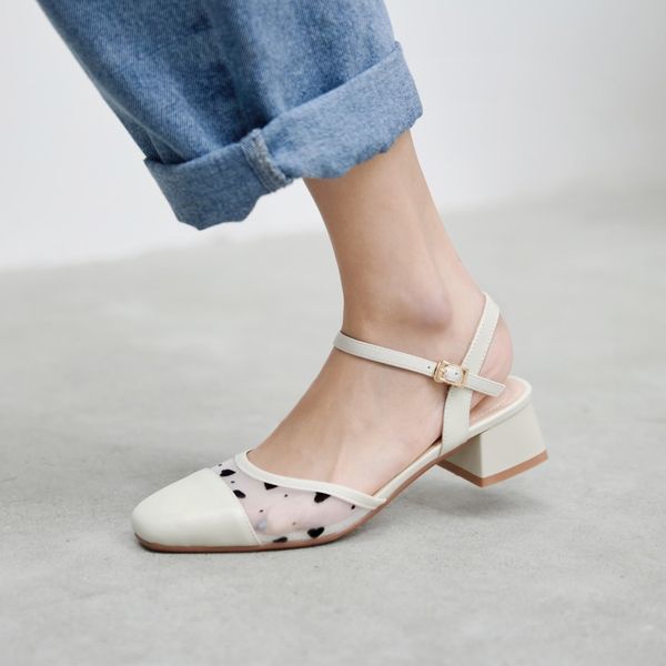 

kmeioo fashion heart-shaped shoes woman ankle strap med heels backless sandals square toe chunky heels casual shoes, Black