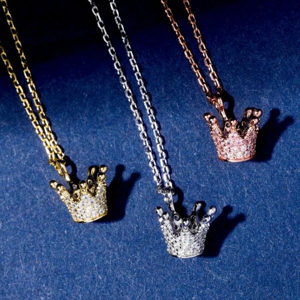 

925 sterling silver gold plated iced out cubic zirconia womens crown pendant chain necklace diamond hip hop rapper jewelry gift for girls