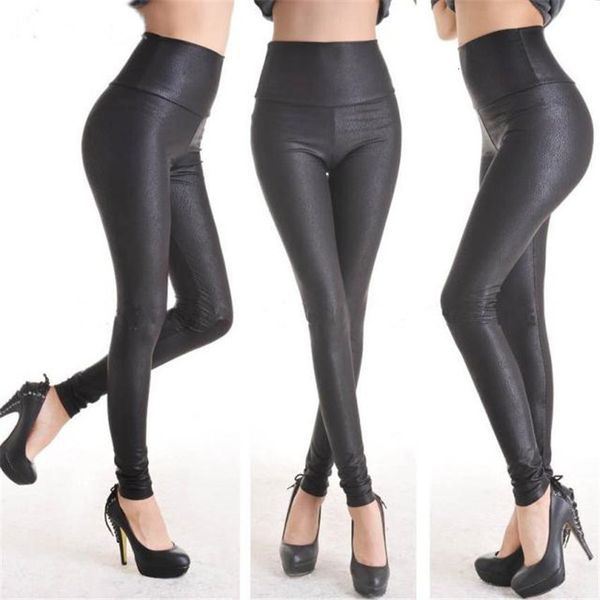 

2020 new sale fashion serpentine leggings womens leggins stretch high waist ankle length quality pu faux leather plus size, Black