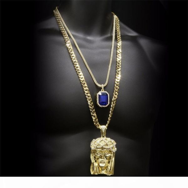 

hip hop golden crowned jesus head pendant iced out square gem crystal double pendants necklaces set cuban chain, Silver