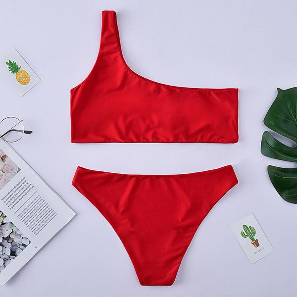 

women swimwear push up swimsuit one shoulder solid black red brazilian bikini set 2020 biquini bathing suit beach swimming suit, White;black