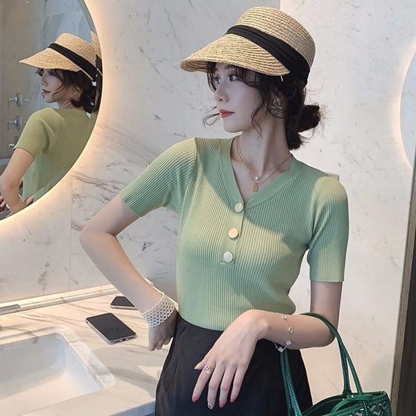 

2020 new summer ice silk black v-neck short-sleeved knitted t- women's slim t- shirt stretch short base shirt thin top, White