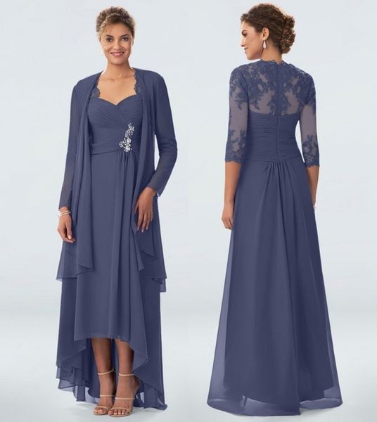 Plus Size Chiffon Mutter der Braut Bräutigam Kleider Hochzeit Party Kleider Spitze Hi Lo 3/4 lange Ärmel Mode Patin