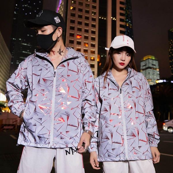 

men's reflective jackets fashion women's noctilucent active jacket loose hooded hip hop couple clothing 3 styles s-3xl wholesale, Black;brown