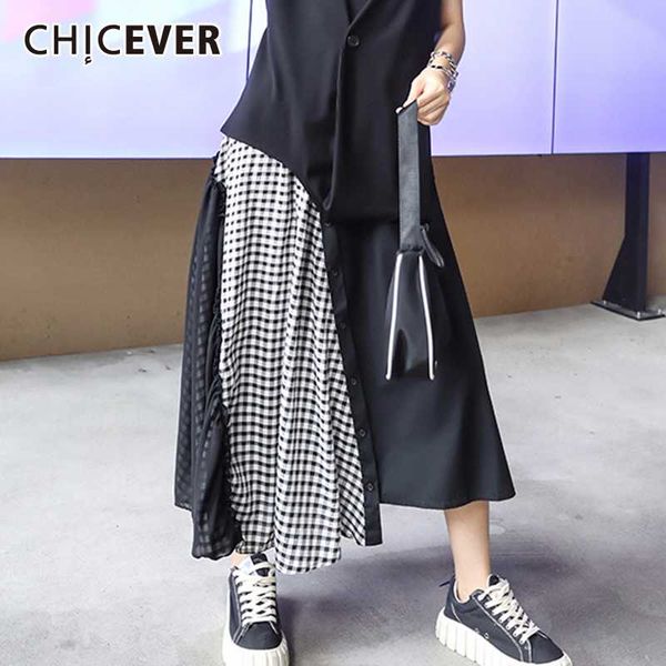 

chicever plaid hit color women's skirt high waist asymmetric patchwork chiffon casual midi skirts for female 2020 summer new, Black