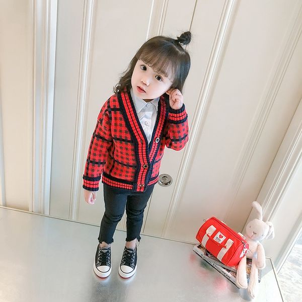 

girls' cardigan spring and autumn new 2020 korean knitted cardigan children's western coat sweater sweater style plaid coat, Blue
