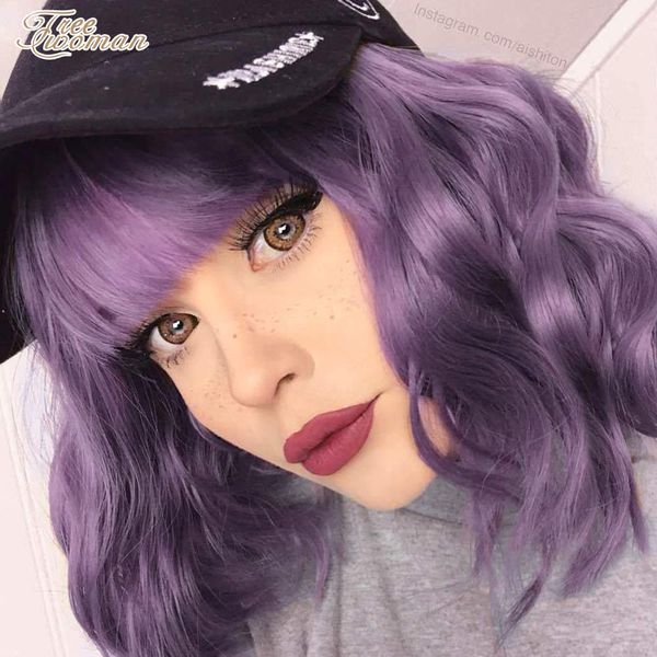

oman purple wig synthetic wigs short bob wig with bangs natural water wave wigs for women cosplay wig lolita american style, Black;brown