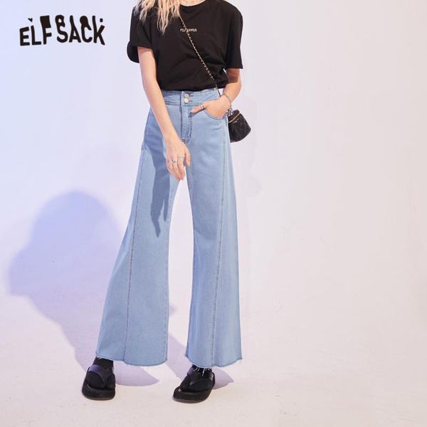 

elfsack blue solid high waist washed casual denim jeans woman 2020 summer pure minimalist korean ladies daily wide leg trousers