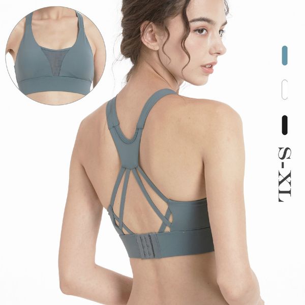 

women hollow cross beautiful back seamless yoga bra anti-seismic decompression running mesh stitching fitness workout sports bra, White;black