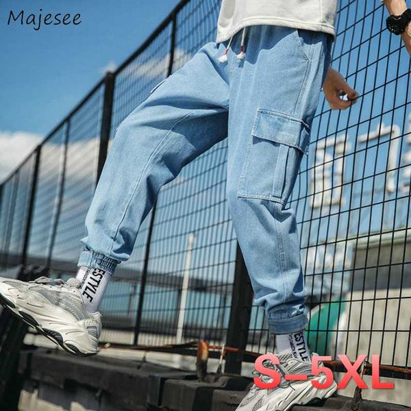 

men jeans solid bundle trousers printed safari-style plus size 5xl korean chic leisure lace-up simple teens all-match loose new, Blue