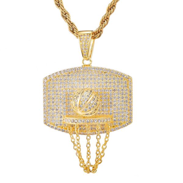 

ice out zircon backboard and basketball hoop pendant necklace for men gold plated copper hip hop jewelry, Silver