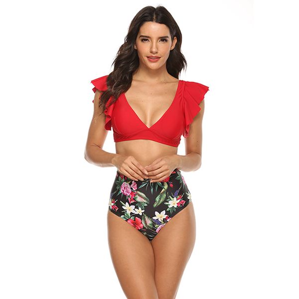 

женская мода swinsuit push up женский купальный костюм высокой талией печати бикини set отделить двух частей купальники красный черный