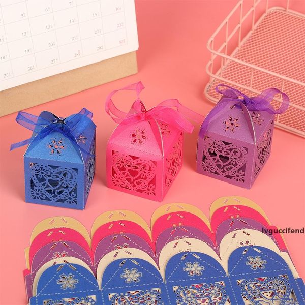 

25pcs colorful love heart candy box with ribbon laser cut hollow chocolate package bags wedding favor kids gifts party supplies