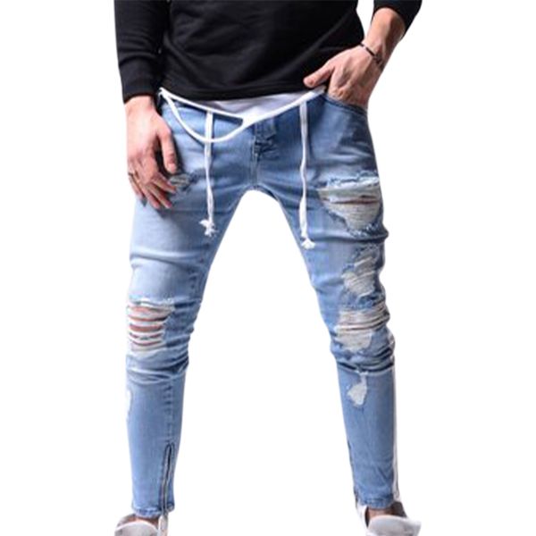 

mens jeans slim hole pants men fashions striped casual pencil pants drawstring trousers jeans for men ropa hombre pantalon, Blue