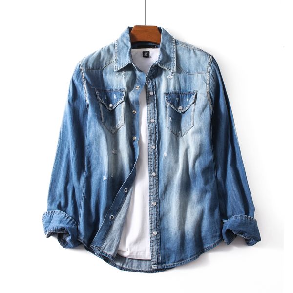 

2020 новых джинсовые рубашки мужских рубашек с длинными рукавами одежда тонких отверстий царапаются моды молодость европейские и американски, White;black