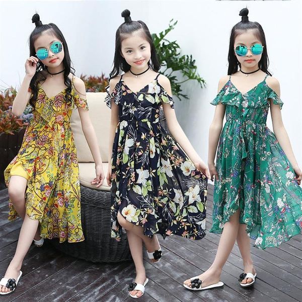 

asymmetrical fashion girls dress 2020 new sleeveless children princess dress summer chiffon flower kids beach holiday clothes, Red;yellow