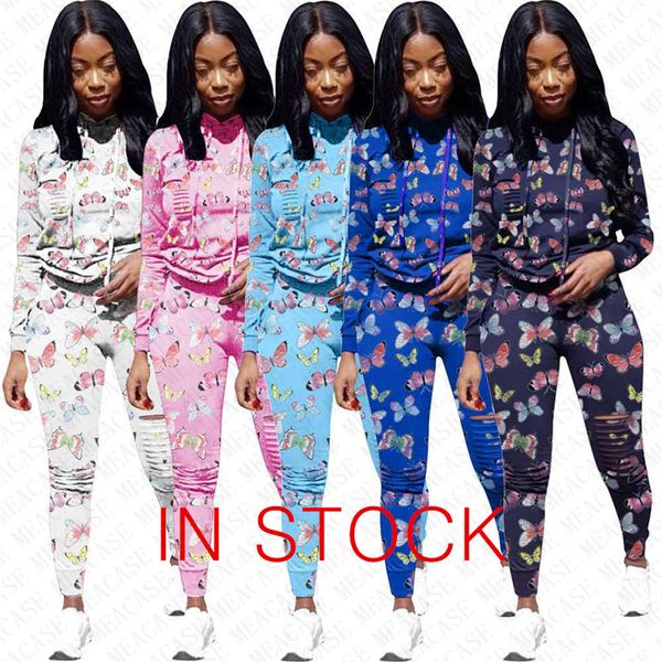 

women tracksuit designer broken hole butterfly print sweatsuit hooded sweater hoodies leggings pants 2 piece set outfits sportswear d72704, White