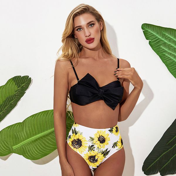 

women print bikinis 2020 new bow bandage bathing suit high waist swimwear solid swimsuit beachwear summer female biquini, White;black