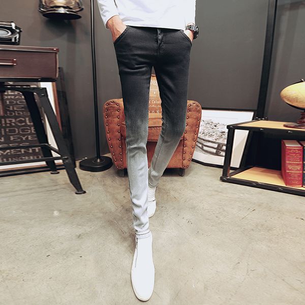 

korean summer skinny jeans men gradient color thin men jeans streetwear fashion slim fit denim pants clothes 2020, Blue