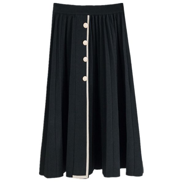 

2020 fashion elastic high waist knitted midi pleasted skirt for women single breasted woman skirts long beige black knit saias