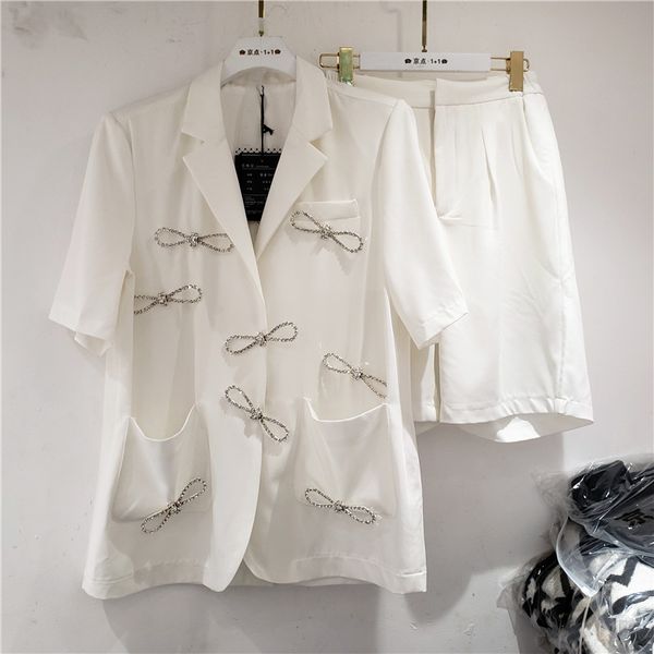

ewq] 2020 autumn suit fashion design rhinestone bow decoration jacket loose casual coats vacation two-piece short sleeve shorts, White;black