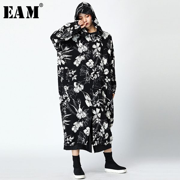 

eam] women hooded flower print trench new long sleeve black big size loose fit windbreaker fashion autumn winter 2020 jy732, Tan;black