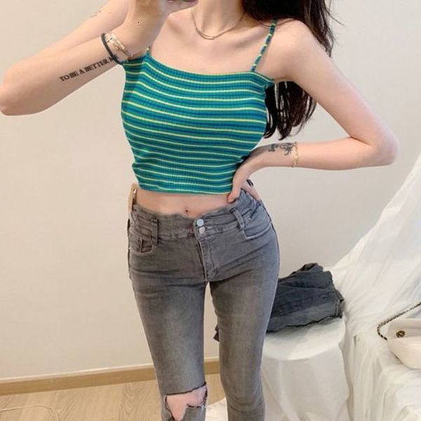 

women summer contrast colored stripes spaghetti straps thread ribbed knitted camisole slim fit casual beach party vest, White