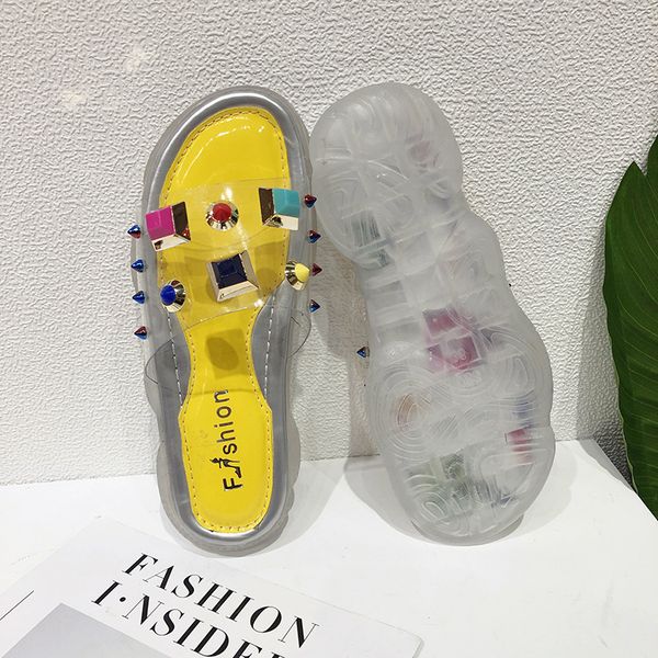 

luxury designer women shoes designer slippers transparent color rivet platform slide lady flip flops studded anti-skid thick bottom #0 cs04, Black