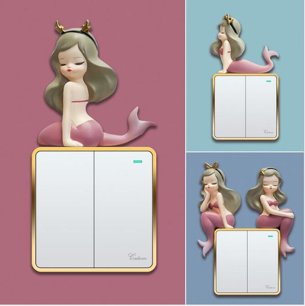 Mermaid Anahtarı Çıkartmalar Karikatür Rüzgar Soketi Dekorasyon İç Wallsticker Masal Yaratıcı Reçine 3D Stereo Etiket