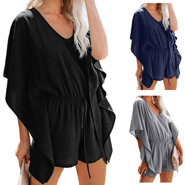 

women solid v neck ruffle romper female casual shorts jumpsuit outwear lady short sleeve loose plus size vestidos dlm64669, Black;white