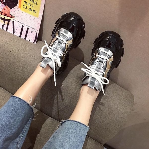 

rimocy silver patent leather chunky women 2020 spring punk style high platform sneakers woman lace up casual shoes flat cx200727, Black