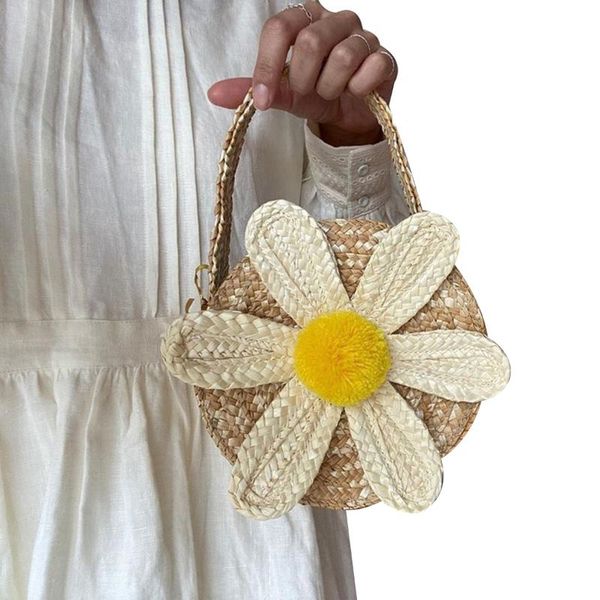 

baby girl daisy straw bag, children hand-woven tote bag with large opening round handbag
