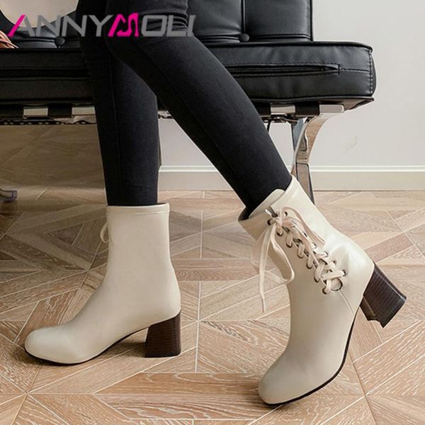 

annymoli mid calf boots high heel woman boots thick heel shoes lace up round toe female autumn winter beige black size 46