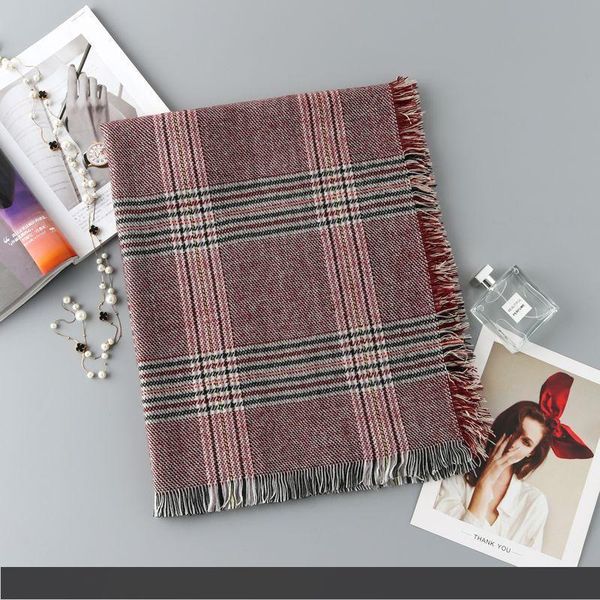 

autumn and winter new double-sided color plaid tassel bristle scarf lady plaid neck shawl 185x68cm, Blue;gray
