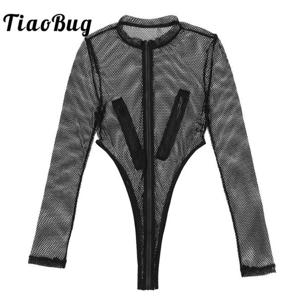 

women's jumpsuits & rompers fashion one-piece hollow out fishnet round neck long sleeves high cut zip up leotard jumpsuit bodysuits clu, Black;white
