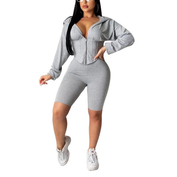 

yoga outfits women's sports clothes set long sleeve zipper hoodie skinny shorts outdoor running workout, White;red
