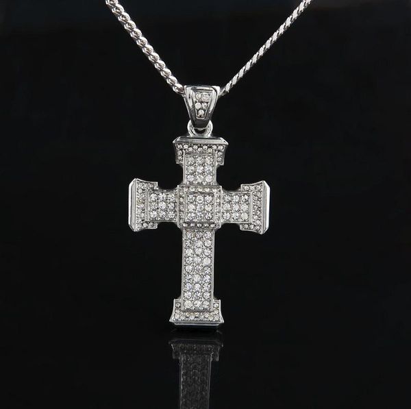 

full diamond cross pendant necklace mens gold cuban link chain necklace iced out pendant hip hop jewelry, Silver