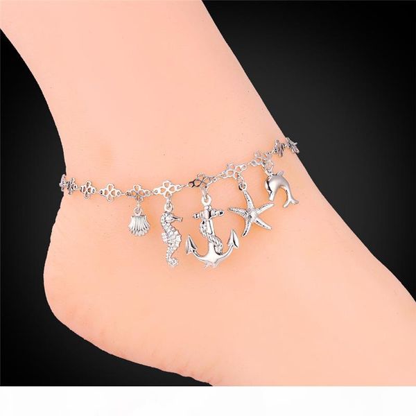 

women dolphin starfish magic ocean world charms ankle chains 18k real gold platinum plated summer cute bracelets anklets, Red;blue