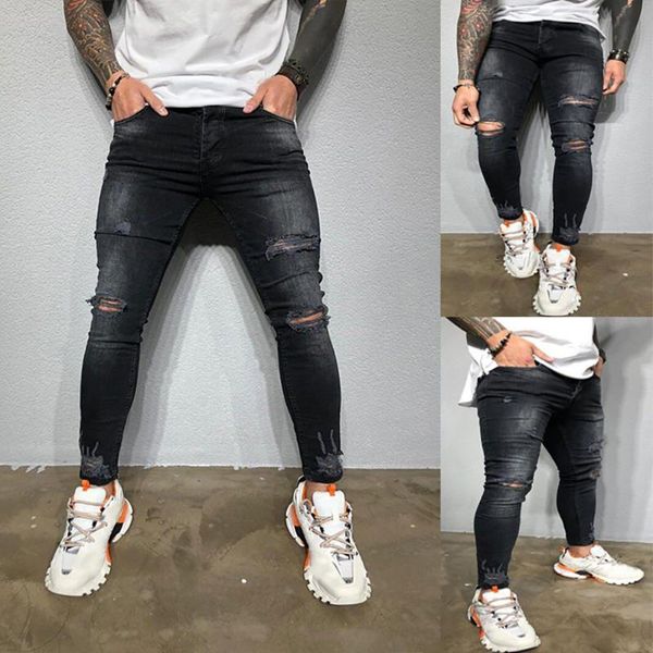 

men's jeans pencil pants slim men trousers casual skinny gothic denim ripped mens summer hole cowboys, Blue