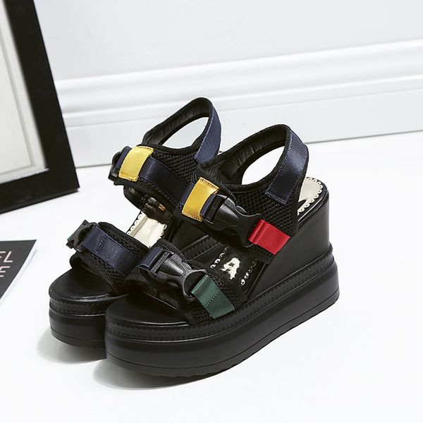 

2020 summer wedge luxury sandals heel shoe thick increasing height comfort shoes for women women's heels open toe buckle, Black