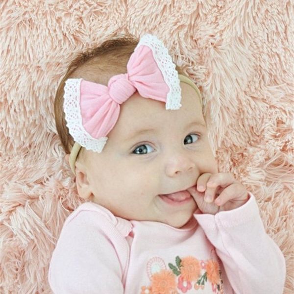 

2019 super soft nylon bow baby hair lacelace lacehair band 27 color lace rabbit ear girl headband headdress, Slivery;white