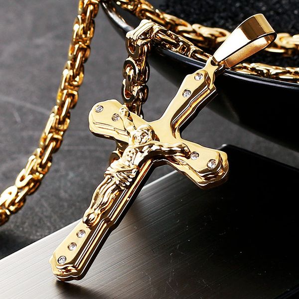 

pendant necklaces ancient men stainless steel crystal jesus christ holy crucifix cross necklace byzantine chain jewelry gifts, Silver
