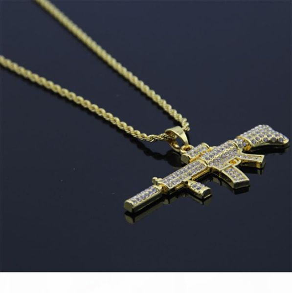 

f 2017 new necklace hip -hop assault rifle mini personality ak47 gun full cz pendant necklace with 74cm rope chain mens fashion cool je, Silver