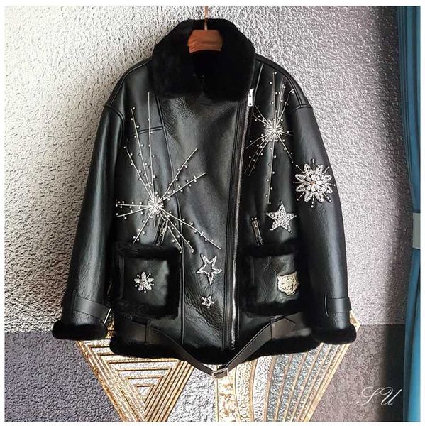

diamond genuine leather natural sheep shearling fur coat winter 100% sheepskin coat female bomber thicker warm fur jackets f1922, Black