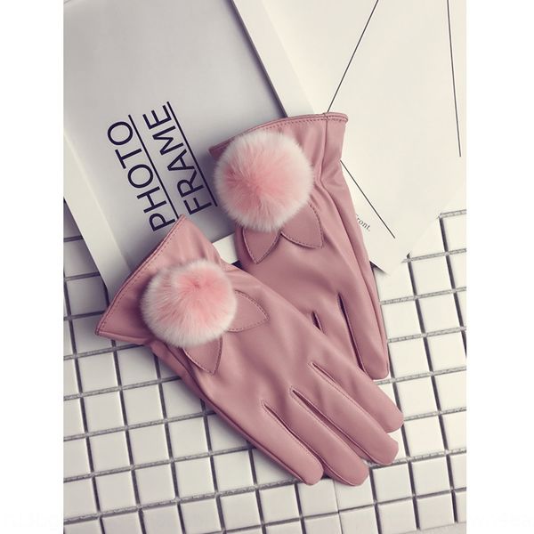 

zzbmc leather women's autumn warm fur ball gloves and winter real rex rabbit fur ball gloves cute warm plus velvet thick touch screen w, Black