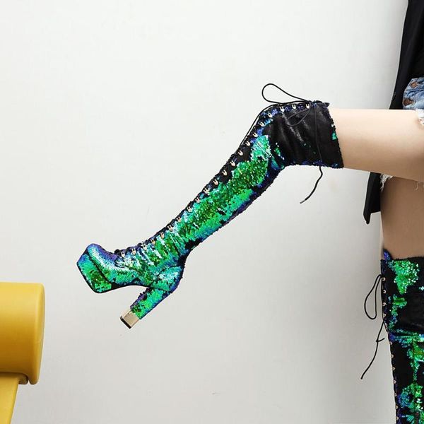 

sequined женщины более высокие сапоги до колен супер высоких каблуках платформы дамы сапоги партия свадебная обувь женщина размер 41 42 43, Black