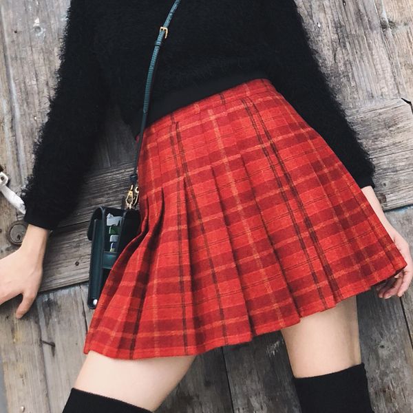 

england style women woolen pleated skirt winter high waist red navy plaid skirt vintage slim casual skirts shorts plus size 5xl, Black