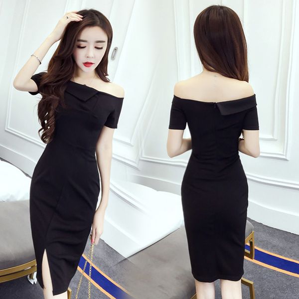 

off-shoulder party fashion dress 2020 summer new lady slim-fit banquet temperament dress, White;black